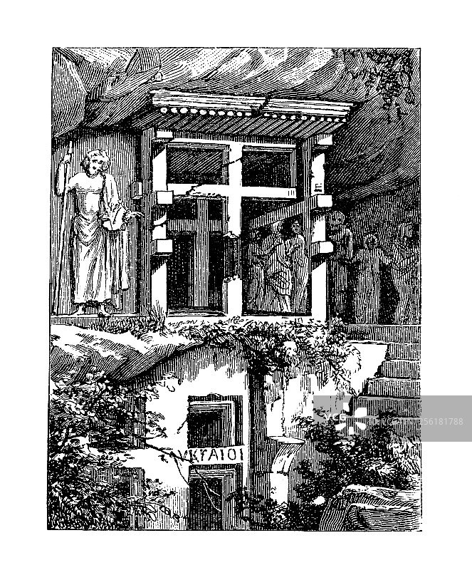 国王陵墓：安提帕洛斯石棺古老雕刻插图，亚述巴比伦波斯建筑图片素材