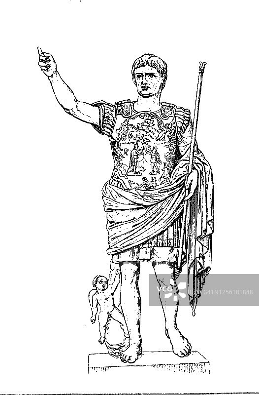 奥古斯都·普里马·波塔的奥古斯都全身雕像古版画图片素材