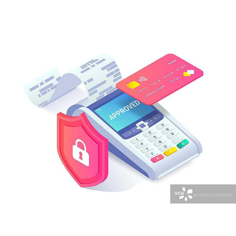 非接触式信用卡支付2.5D概念：3D支付机打印凭证，带防护罩的塑料借记卡，非现金交易保护，NFC支付安全矢量图图片素材