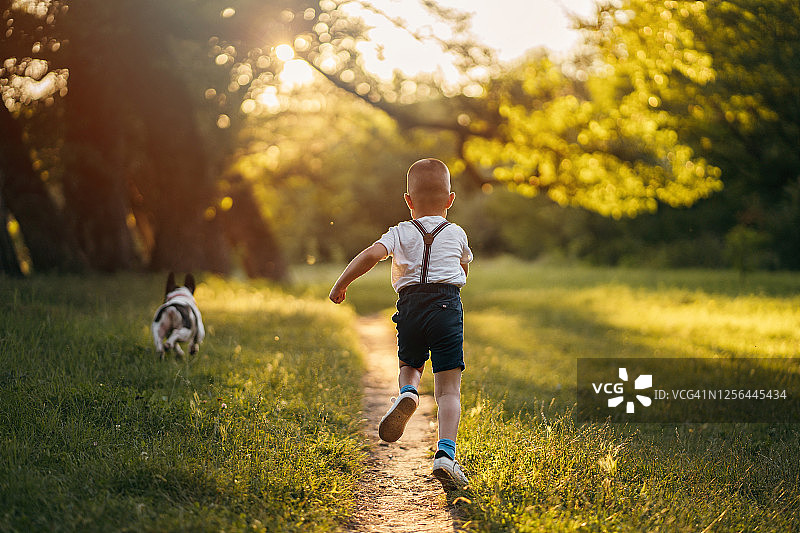 男孩和狗在自然中图片素材