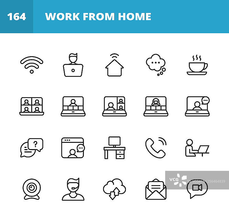 在家工作，远程工作线性图标。可编辑笔画。像素完美。适用于移动设备和网络。包含Wifi、咖啡、视频聊天、视频会议、商务会议、在线消息、视频通话、办公桌、相机、支持、云计算等图标图片素材