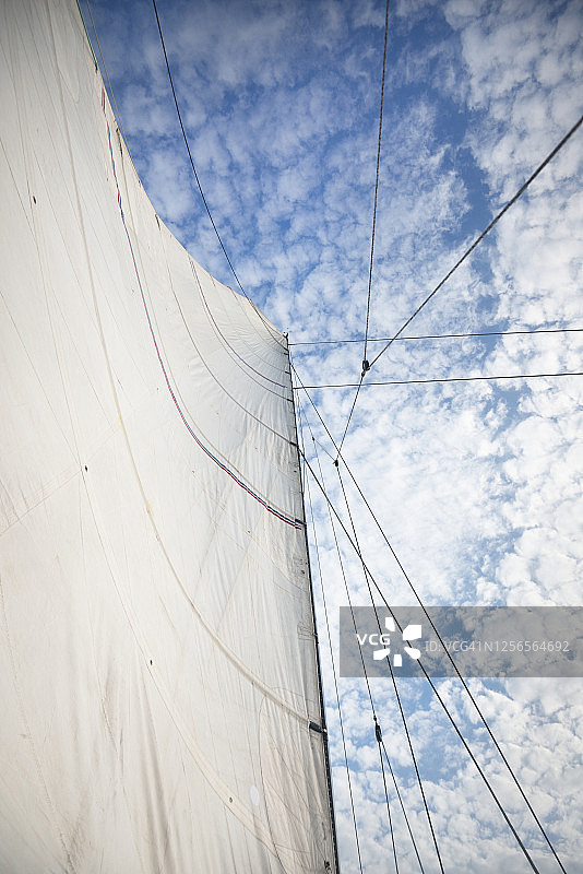 以多云的蔚蓝天空为背景的白色游艇风帆图片素材