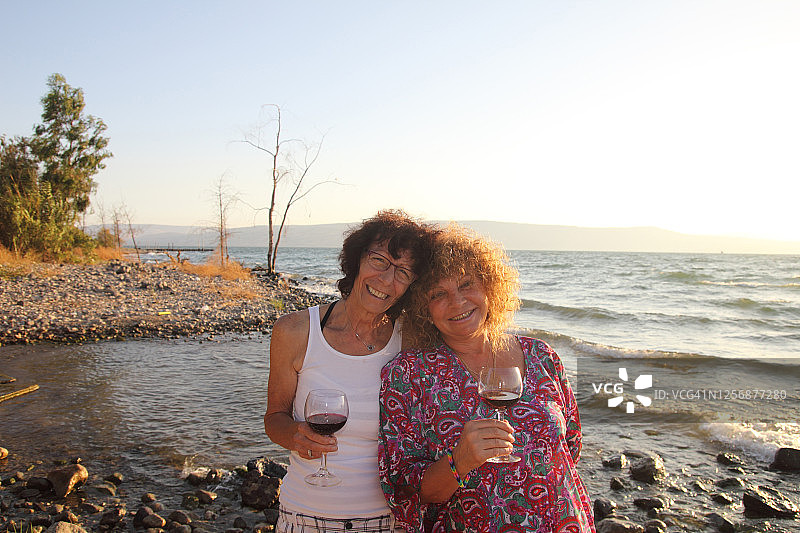 日落时分，女性友谊和红酒杯图片素材