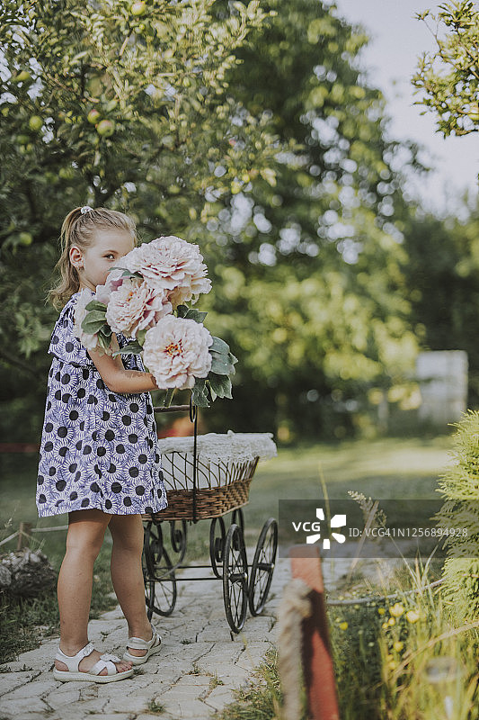 小女孩抱着一束粉红玫瑰，在婴儿车里推着玩偶，扮演着妈妈图片素材