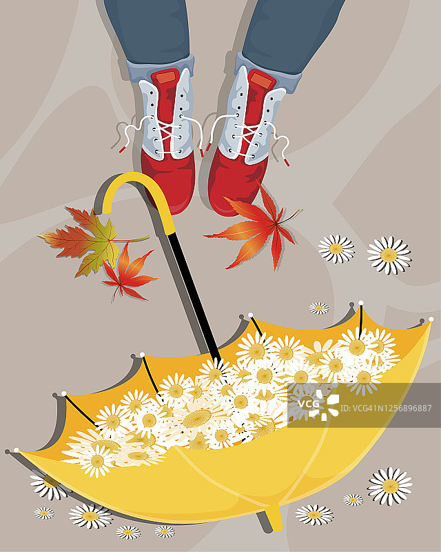 女孩的腿站在倒置的伞旁边，伞里有雏菊，女人穿着皮靴站在人行道上，周围散落着鲜花和枫叶，秋季促销插画图片素材