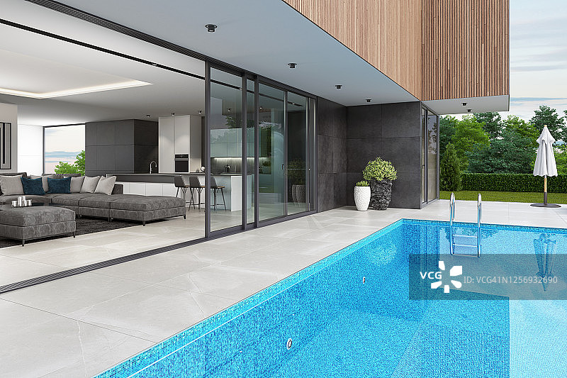 夏季日光下的奢华别墅游泳池内景图片素材