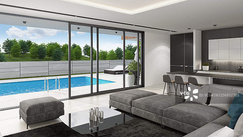 夏季日光下的奢华别墅游泳池内景图片素材