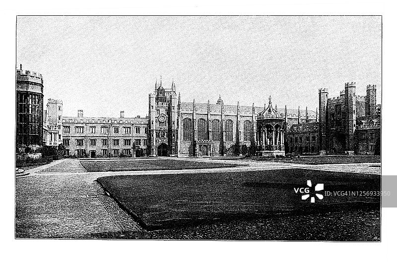 英国剑桥大学三一学院古老雕刻插图图片素材