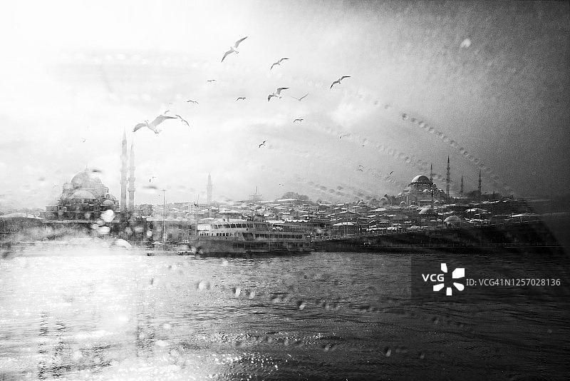 雨天下的伊斯坦布尔：清真寺、船只和海鸥图片素材