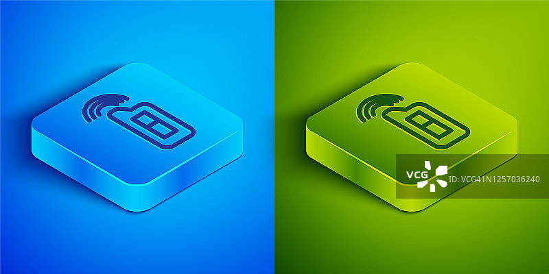 2.5D线条带遥控汽车钥匙图标，蓝绿背景，汽车钥匙报警系统，方形按钮矢量图图片素材