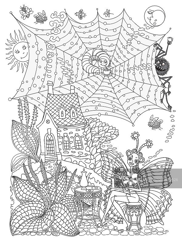 童话蝴蝶女人、毛毛虫和蜘蛛在房子附近喝早咖啡，鹅草线性轮廓涂鸦草图，T恤印花，成人涂色书页，咖啡菜单小册子封面图片素材