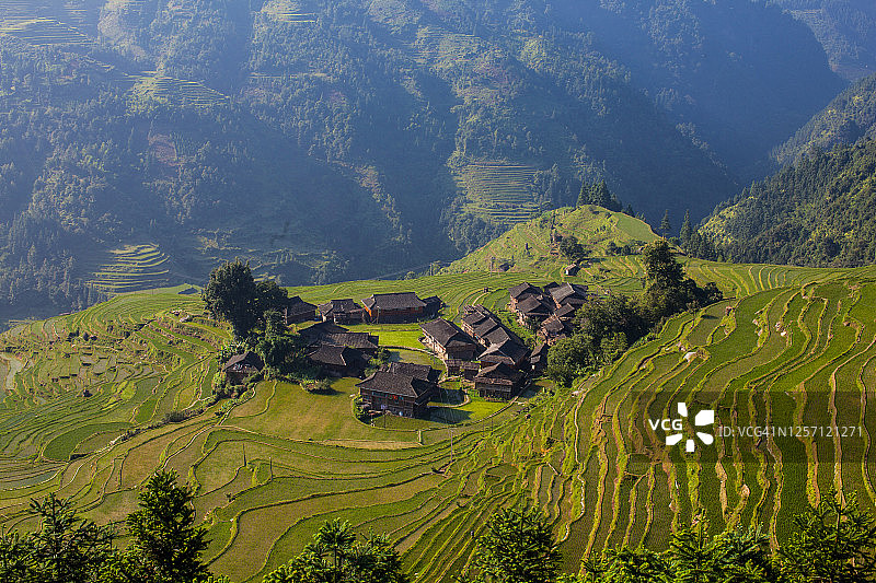 稻田梯田中的侗族村寨风光图片素材