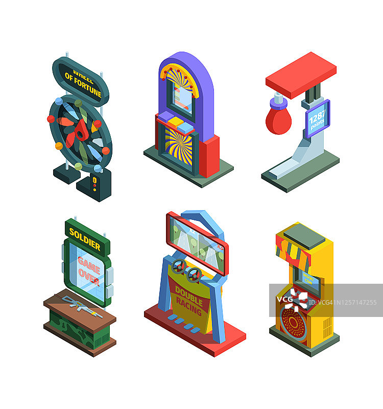 2.5D街机游戏机设备矢量素材，包含摇杆和彩色复古电子控制台图片素材