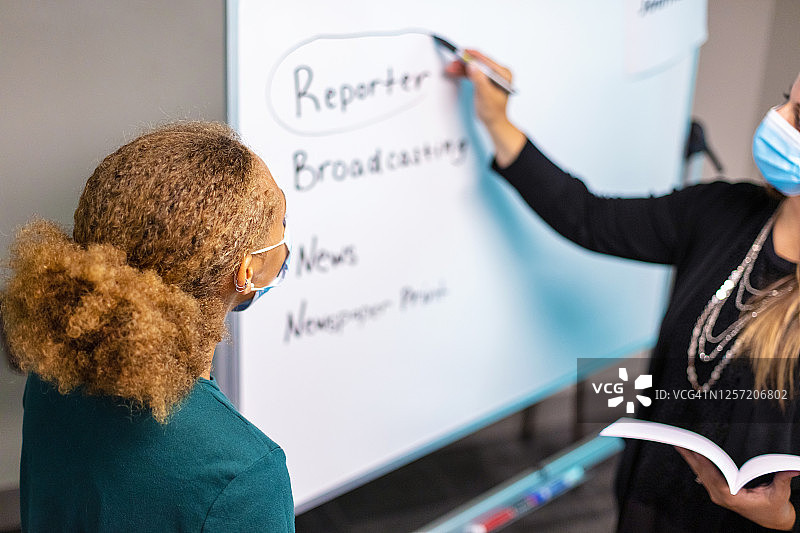 女高中生和女老师在教室里戴着口罩在白板上书写图片素材