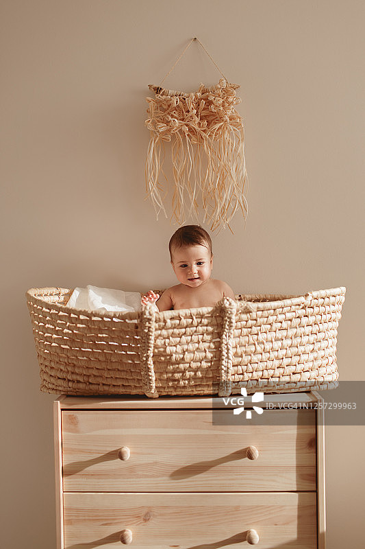 坐在婴儿篮里的微笑宝宝图片素材
