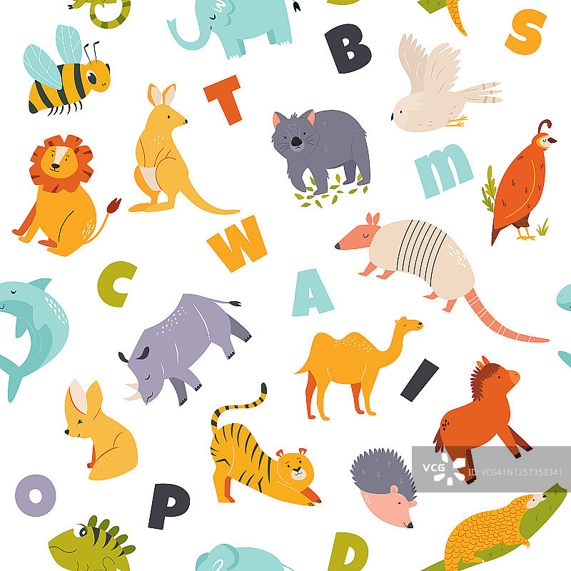 彩色可爱动物英文字母无缝图案图片素材