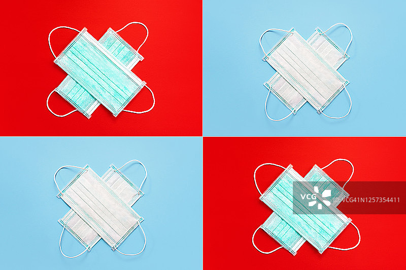 红色和蓝色背景上的医用口罩拼贴图片素材