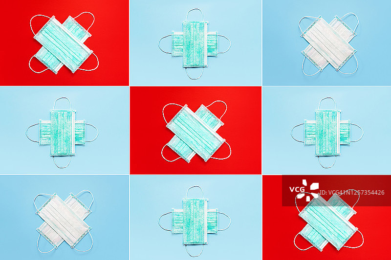 红色和蓝色背景上的医用口罩拼贴图片素材