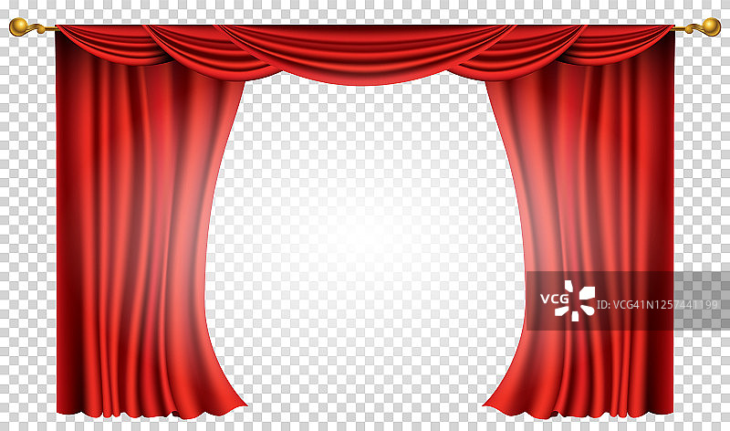 逼真的红色幕布：电影院或歌剧院的剧院丝绸装饰，幕布和帷幔室内装饰素材，透明背景上隔离的剧院舞台图片素材