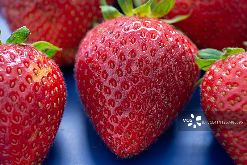 蓝色表面上的草莓特写图片素材
