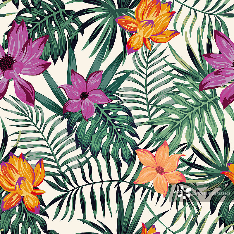 白色背景上的鲜艳热带叶子无缝图案图片素材