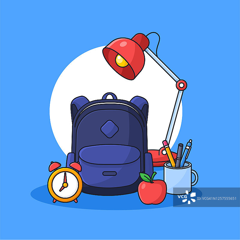 学生背包学习用品台灯开学季扁平卡通风格矢量插画图片素材