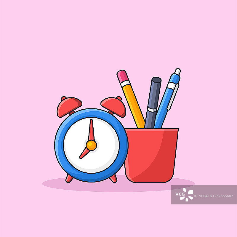 杯子里的学习工具与闹钟简约矢量图。铅笔、钢笔、马克笔学生用品，返校概念。卡通风格轮廓扁平设计图片素材