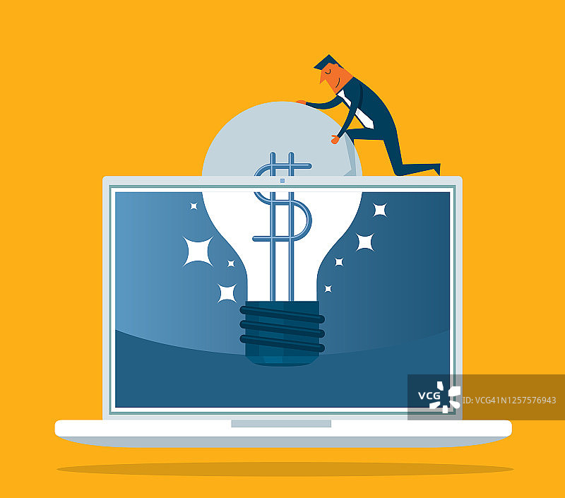 将灯泡放入笔记本电脑中 - 商人图片素材