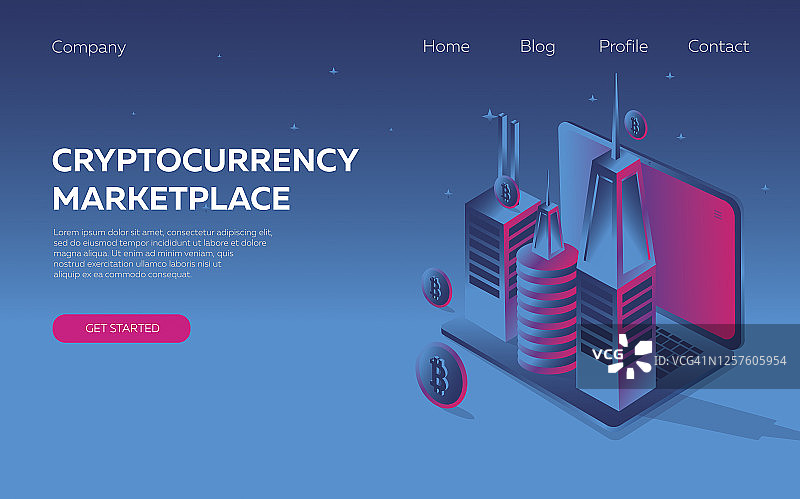 加密货币2.5D等距概念设计：80年代迪斯科音乐3D背景，霓虹灯，商业，加密货币市场，交易所，交易流程着陆页模板素材图片素材