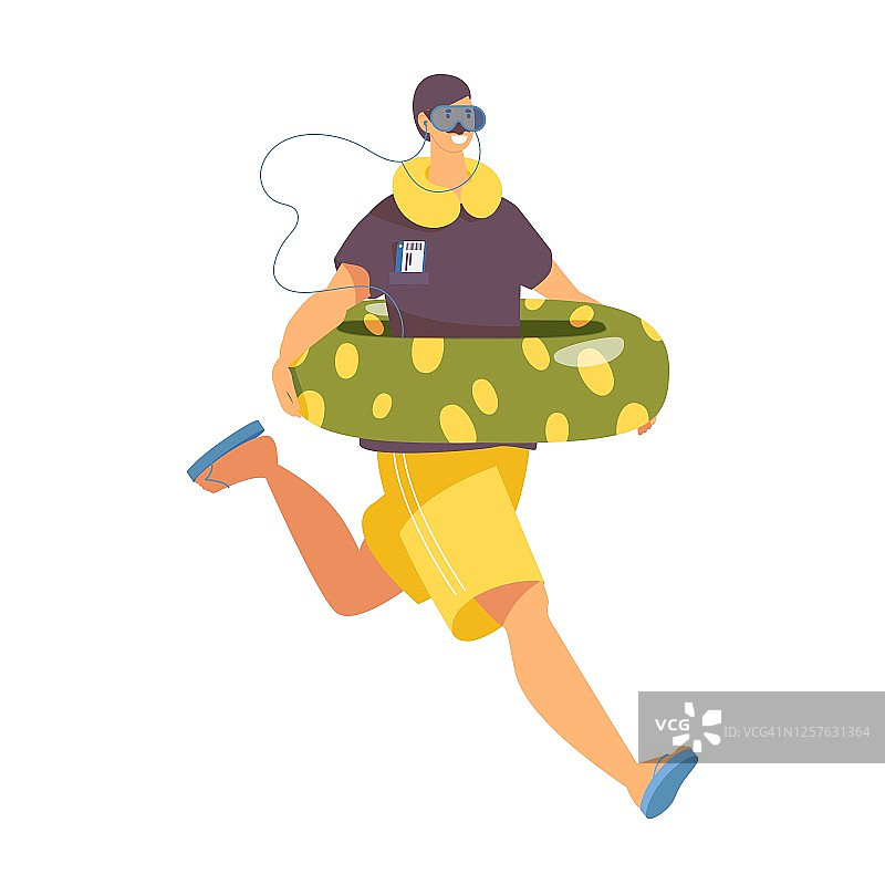 快乐的男人带着充气游泳圈跑向大海或泳池。用鲜艳的色彩绘制的卡通人物图片素材