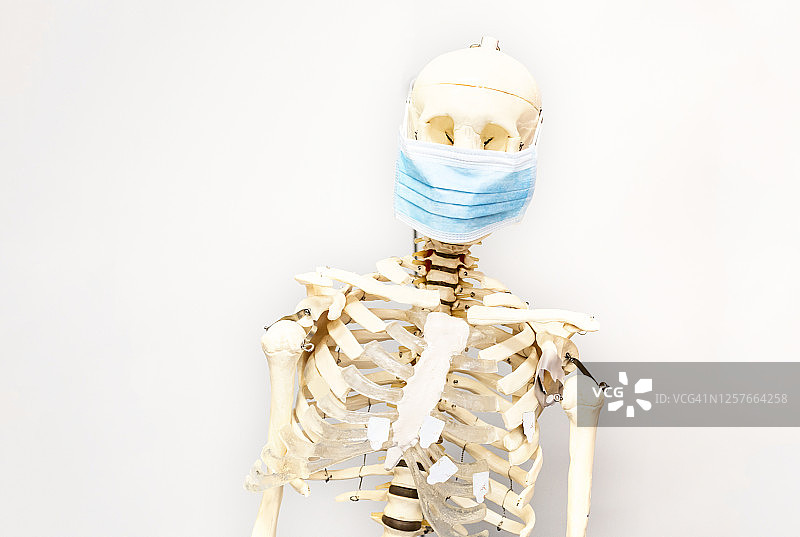 白色墙壁上戴着蓝色面具的白色塑料骨架图片素材