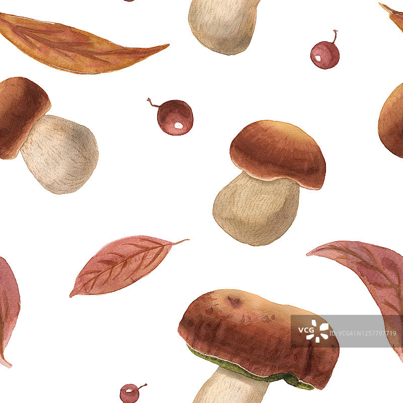 手绘水彩蘑菇、秋叶和红色浆果无缝图案图片素材
