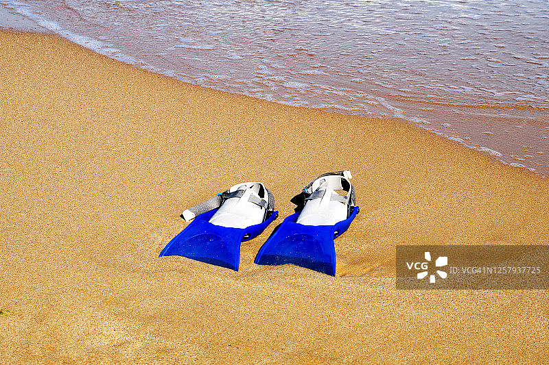 沙滩上以大海为背景的脚蹼图片素材