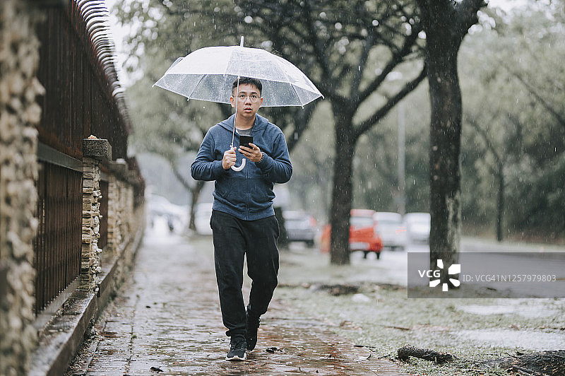 中国男子在雨中查看手机地图图片素材