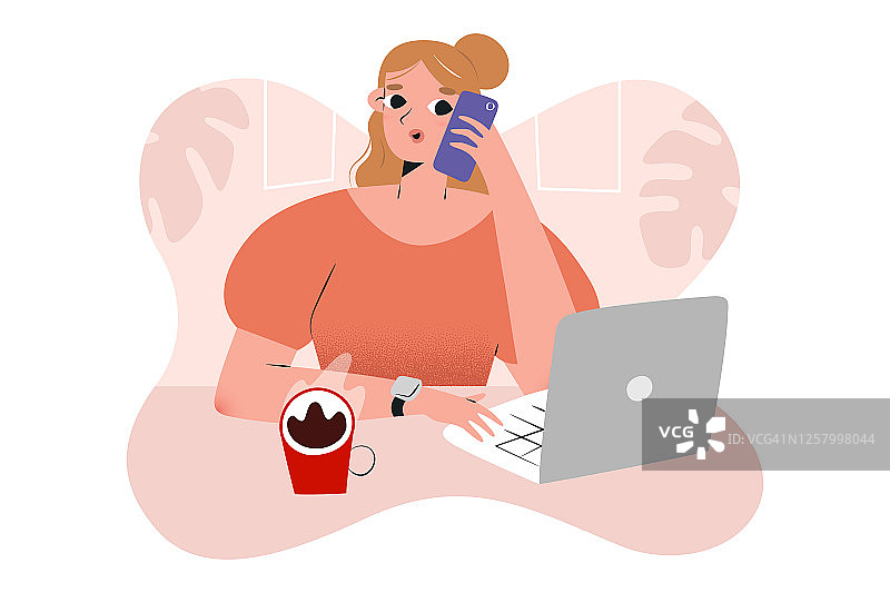 年轻女人在咖啡馆使用笔记本电脑打电话，女商人在咖啡馆或在家工作，自由职业概念，矢量卡通插图图片素材