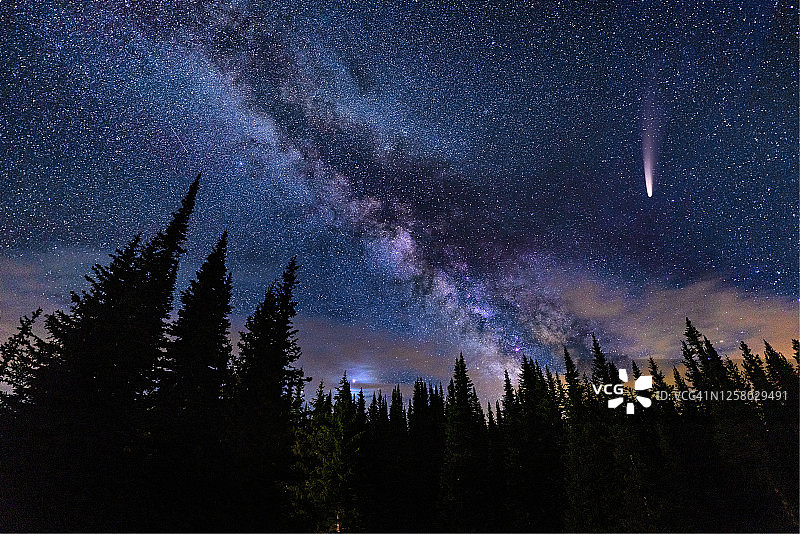 夜空中的NEOWISE彗星与银河系图片素材