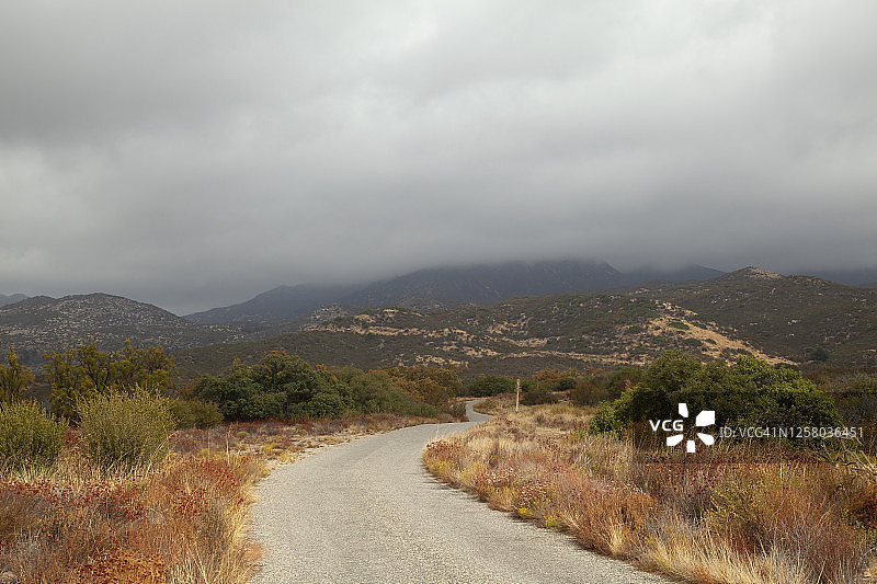蜿蜒穿过彩色草地和树木，通往远方山脉和雾气的单行道图片素材