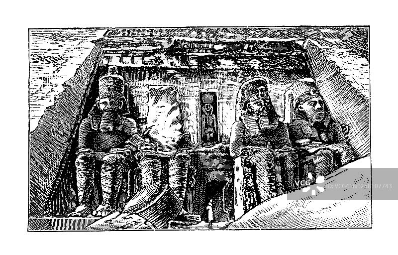 阿布辛贝勒神庙古版画插图，古埃及建筑图片素材