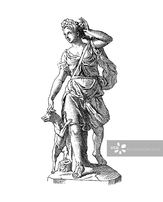 A. Coysevox创作的雕塑《狄安娜》古版画，18世纪前的雕塑图片素材