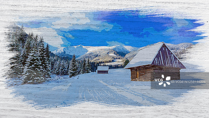 冬季塔特拉山雪地木屋水彩画图片素材