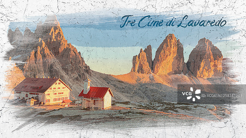 多洛米蒂山三峰小屋和三峰山水彩画全景图片素材