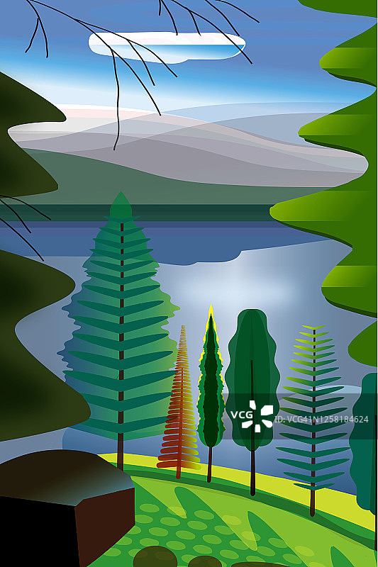 乡村湖泊风景插画，有树木、山脉和云彩图片素材