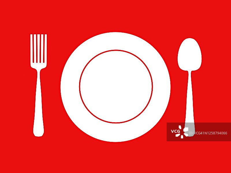 带有勺子和叉子的盘子绘画图片素材