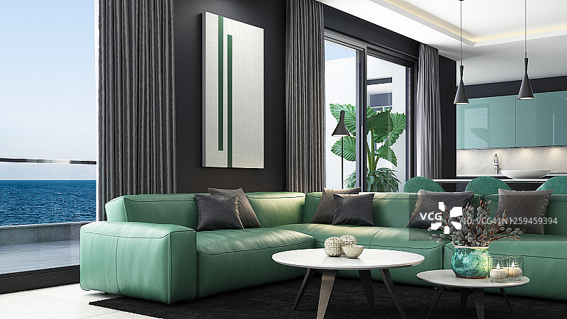 奢华黑绿色客厅与意式开放式厨房图片素材