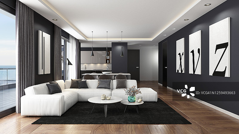 豪华黑暗内饰客厅中的白色皮沙发，带有现代简约意大利风格的开放式厨房图片素材