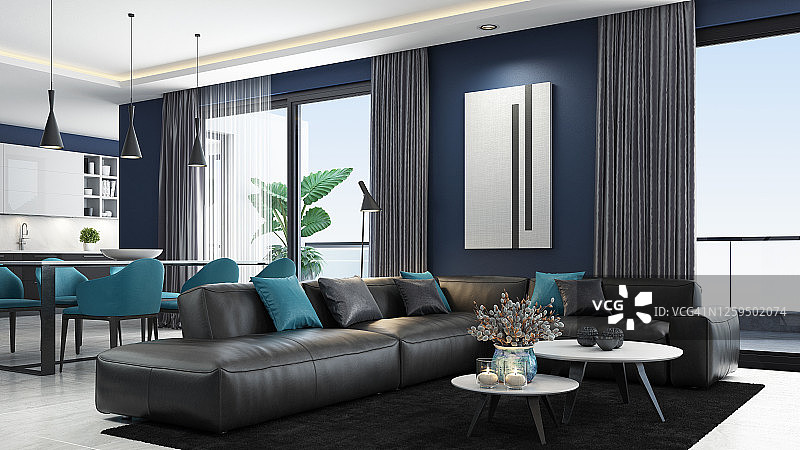 藏青色豪华现代简约意大利风格客厅图片素材