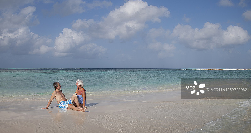 老年夫妇在热带海滩上图片素材