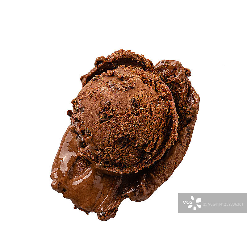 巧克力冰淇淋勺在白色背景下的顶视图图片素材