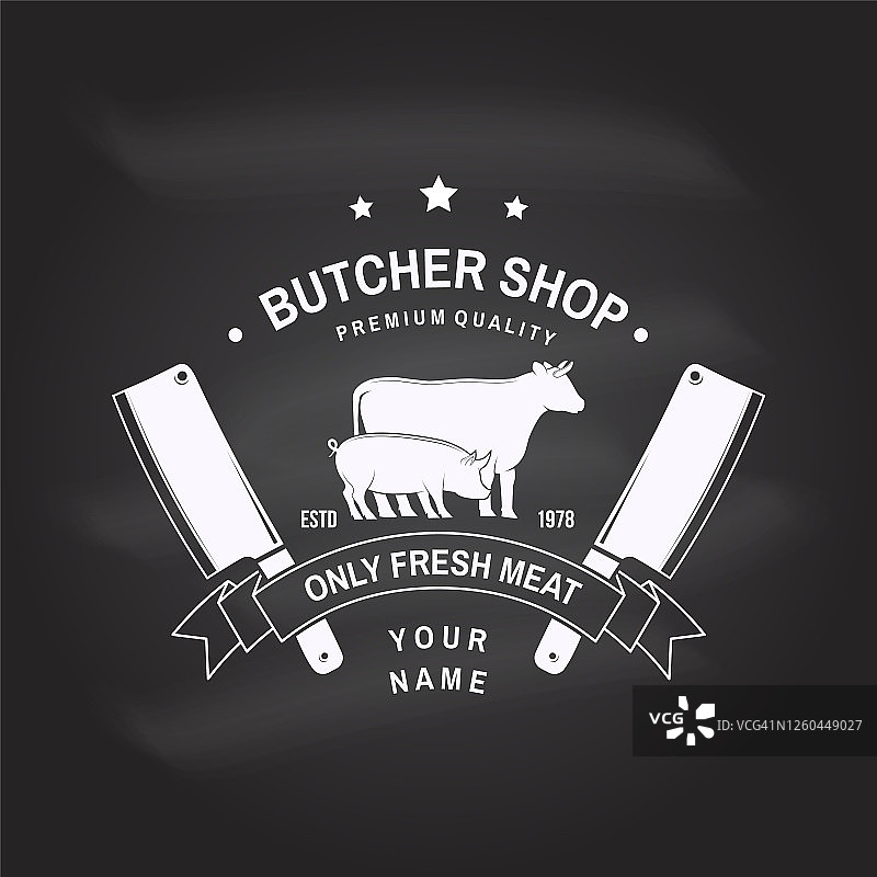 带奶牛的肉店徽章或标签，牛肉，矢量，复古排版符号设计与牛轮廓，屠宰肉店、市场、餐厅业务主题元素图片素材