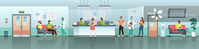 医院候诊室。戴口罩的患者和医生在医疗中心接待处。冠状病毒治疗，新冠病毒诊所内部，援助接待矢量扁平水平概念图片素材